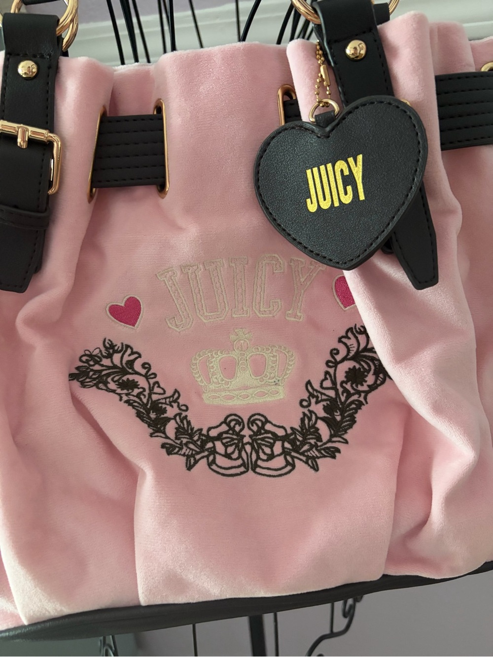 Women’s Y2K Juicy Couture Pink Tote Bag Black Trim and Gold Hardware